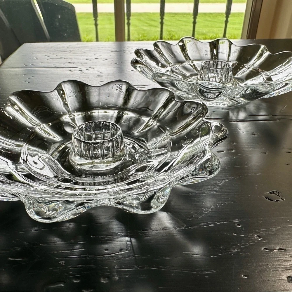 VINTAGE, PRESSED GLASS, CLEAR, FLOWER SHAPED, CANDLE HOLDERS.